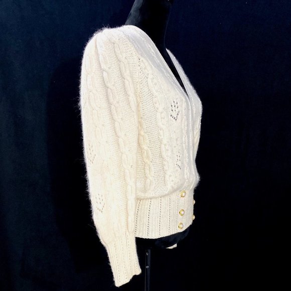 VTG Sideffects Sweater Cream Soft Angora Pearl Cable Knit Wrap Puff Shoulder S - Picture 4 of 9